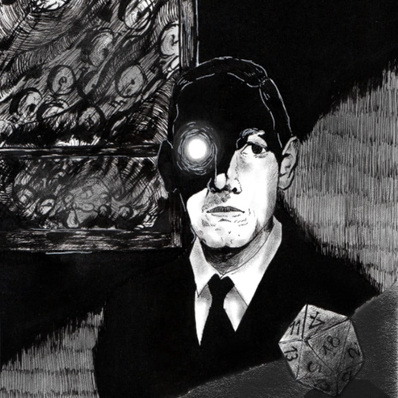 Illustration représentant Lovecraft entre ombre et lumière, Cthulhu et un dé étant représentés pour figurer son héritage.