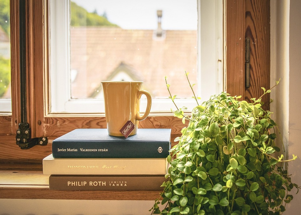 Tasse de thé sur une pile de livres devant une fenêtre
